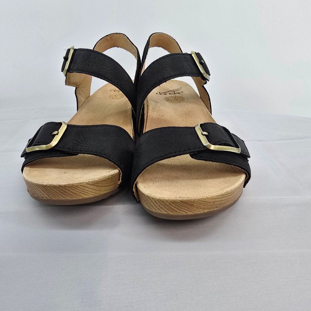 Dansko Black Leather Wedge Sandals Gold Buckle Slingback Wood Grain Heel Size 39 - Picture 7 of 9